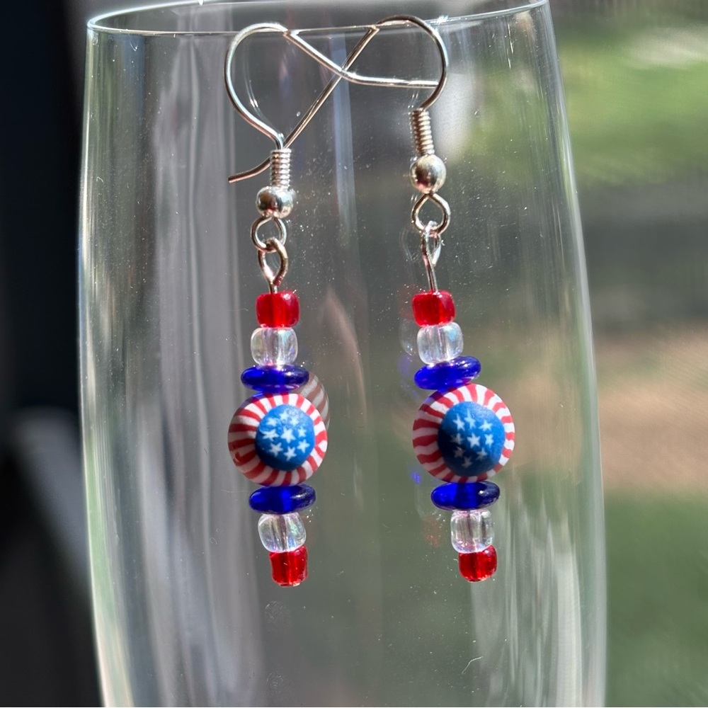 Handmade New Red and Blue Patriotic Beaded Earrings with American Flag Clay Bead